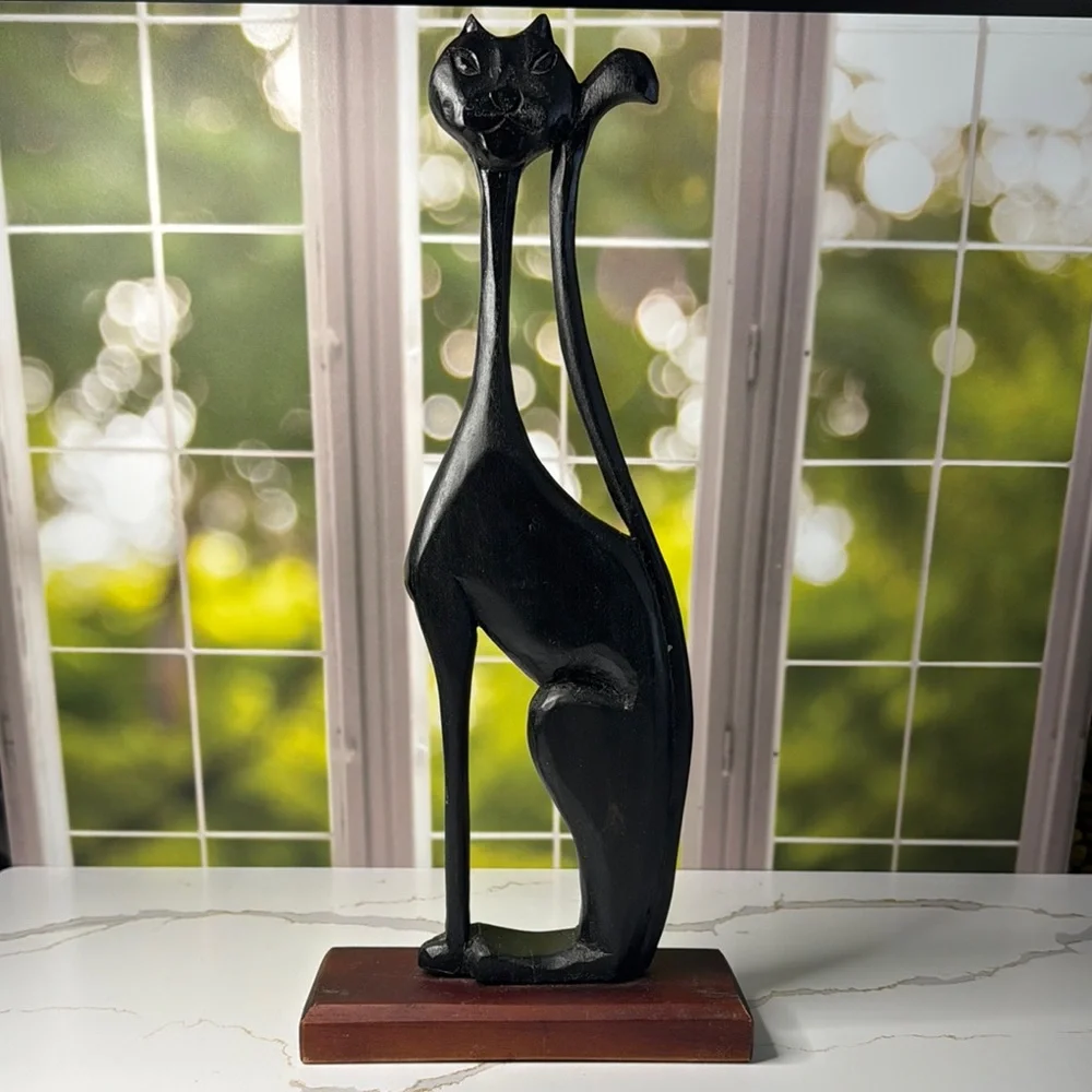 Handcrafted artisan woodentall thin Black Cat Sculpture - Picture 1 of 14